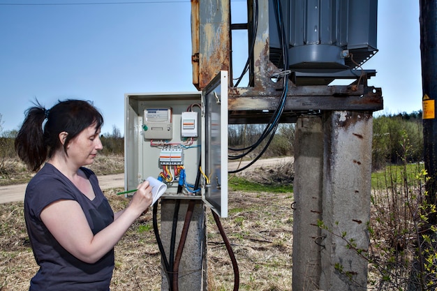 technician woman checking electricity meter invoice standing near electricity switchgear power transformer substation outdoors 351981 217